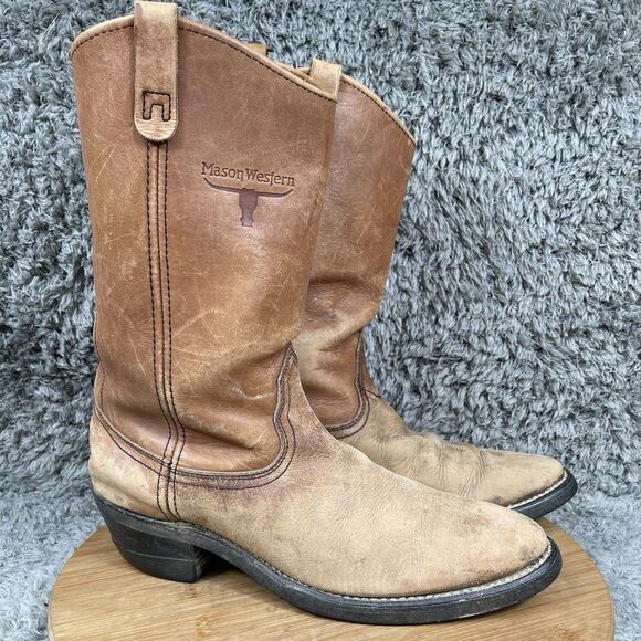 Vintage 80s Mason Western Leather Cowboy Boots Men's 8 Distressed - Picture 1 of 11